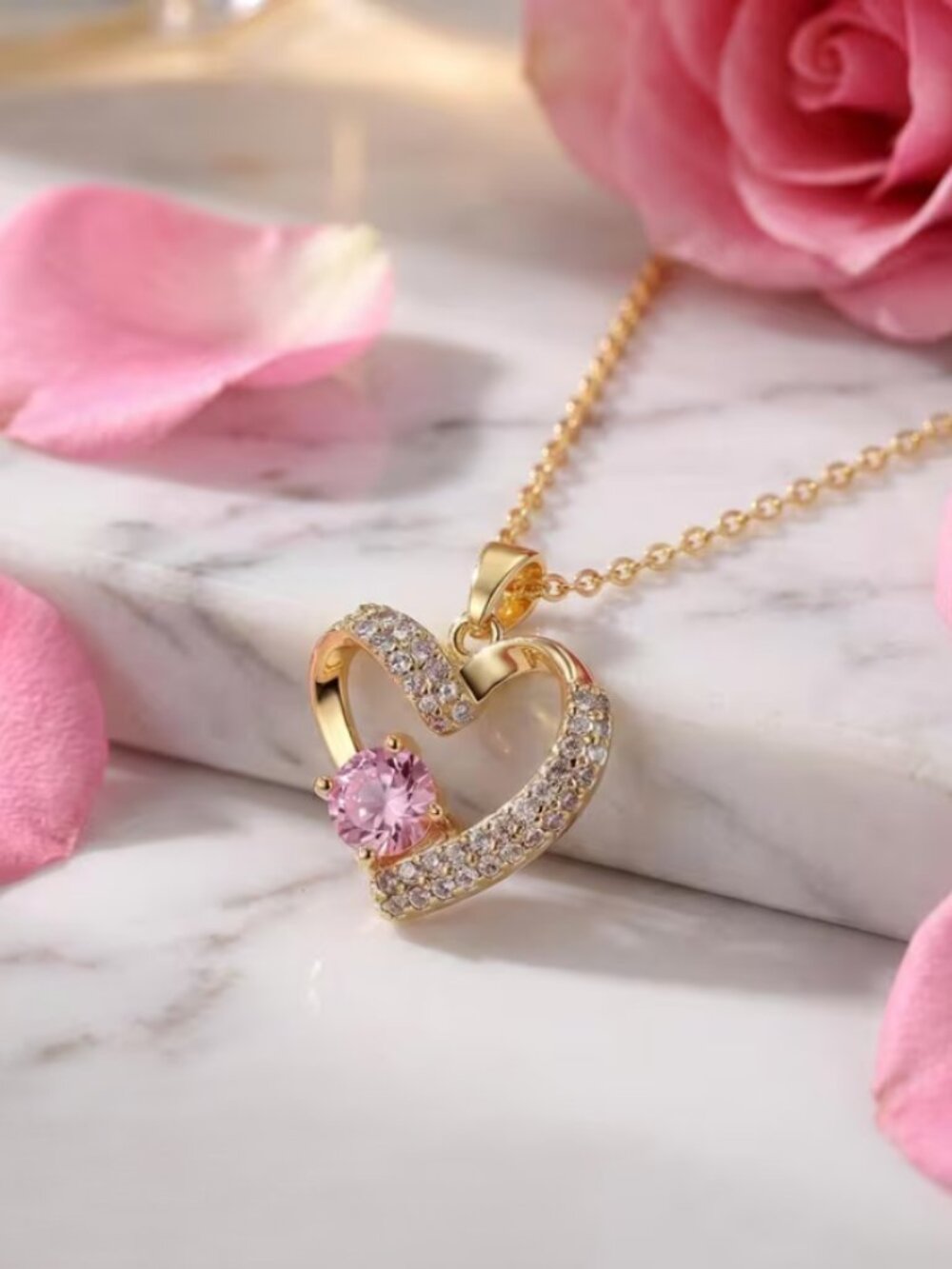 18K Gold Womens 1ct Diamond 2ct Pink Sapphire Gemstone Heart Necklace Jewelry